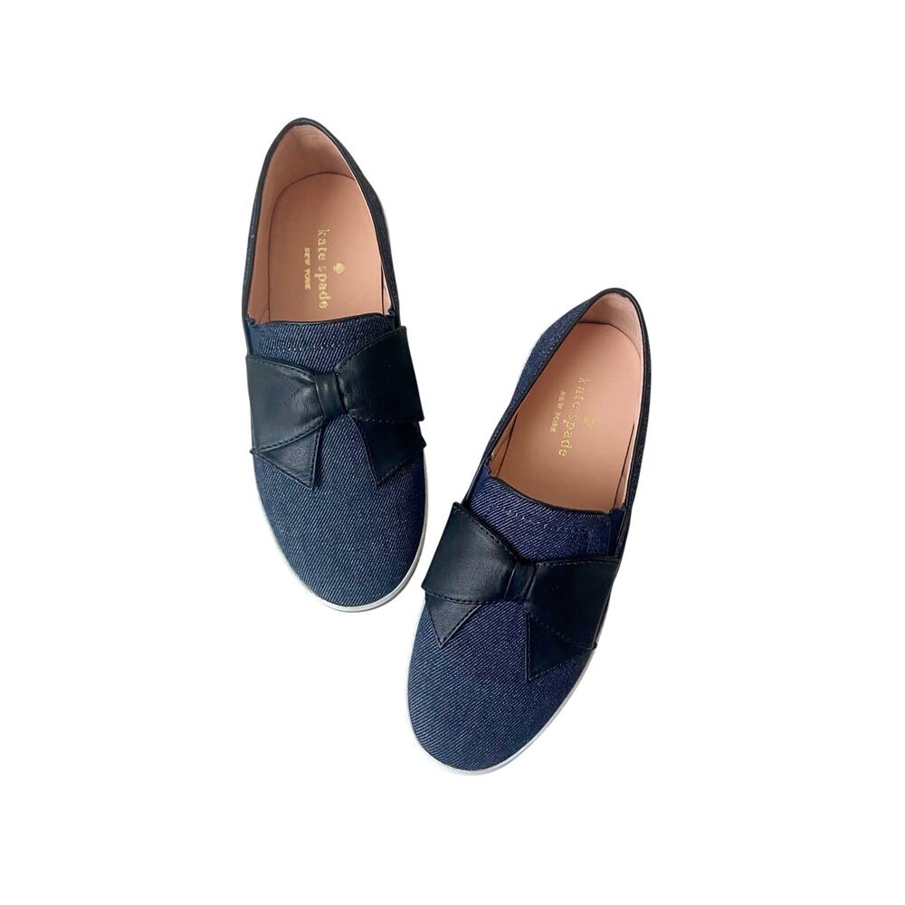 Kate Spade Delise Too Indigo Denim Black Leather Bow Slip On Sneakers